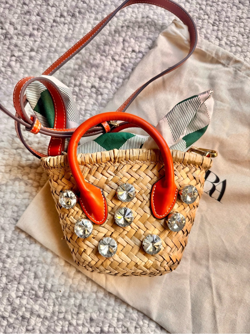 Zara Woven Straw Mini Tote with Orange Trim and Crystal Accents NWOT